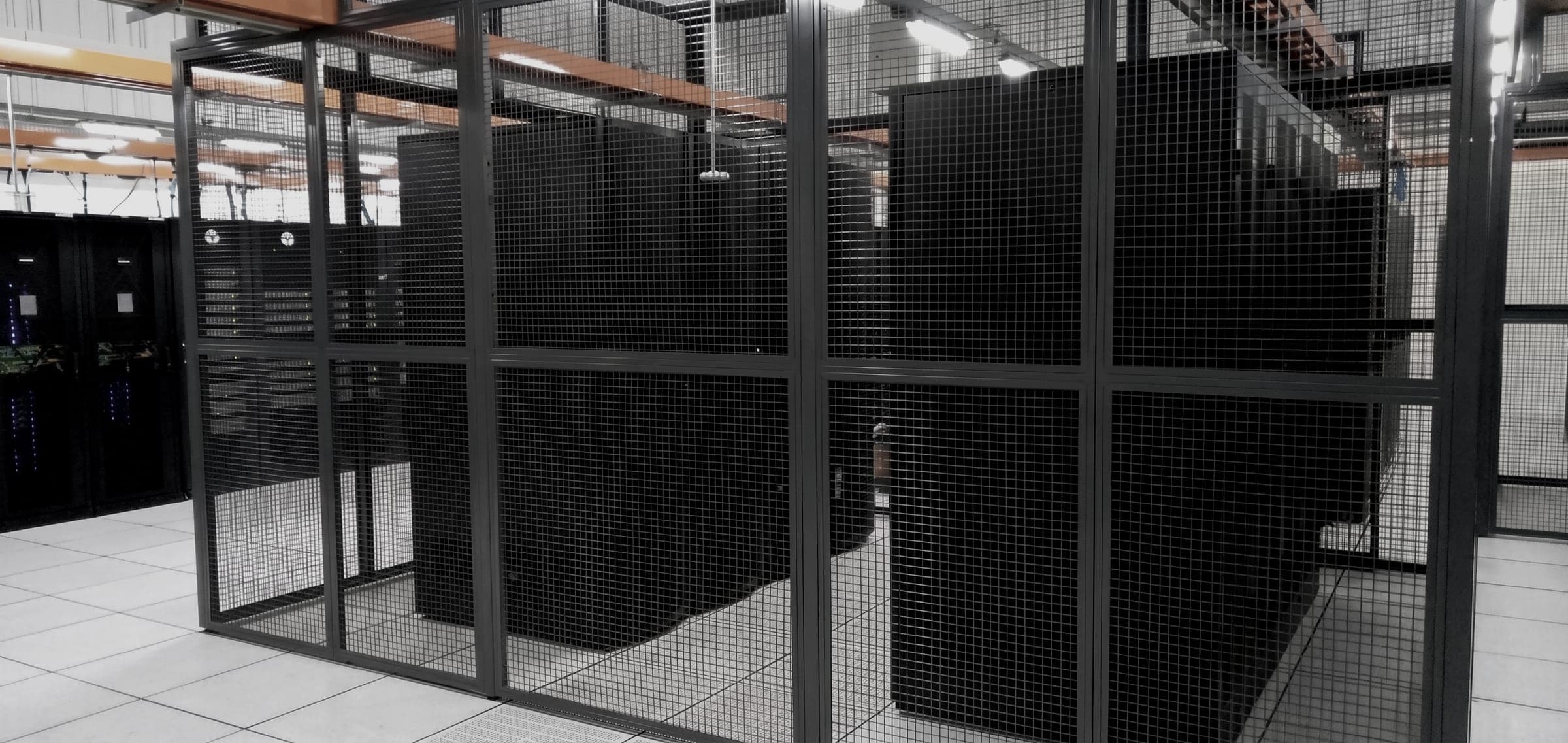 Wire-mesh security cages and server racks in a colocation data hall